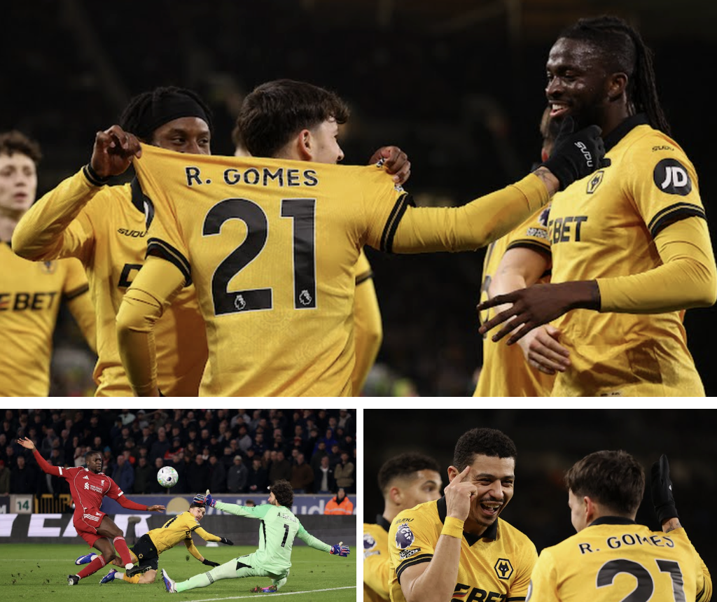 Goal! Rodrigo Gomes gives Wolverhampton a 1-0 lead - Photo Credit : Reuters