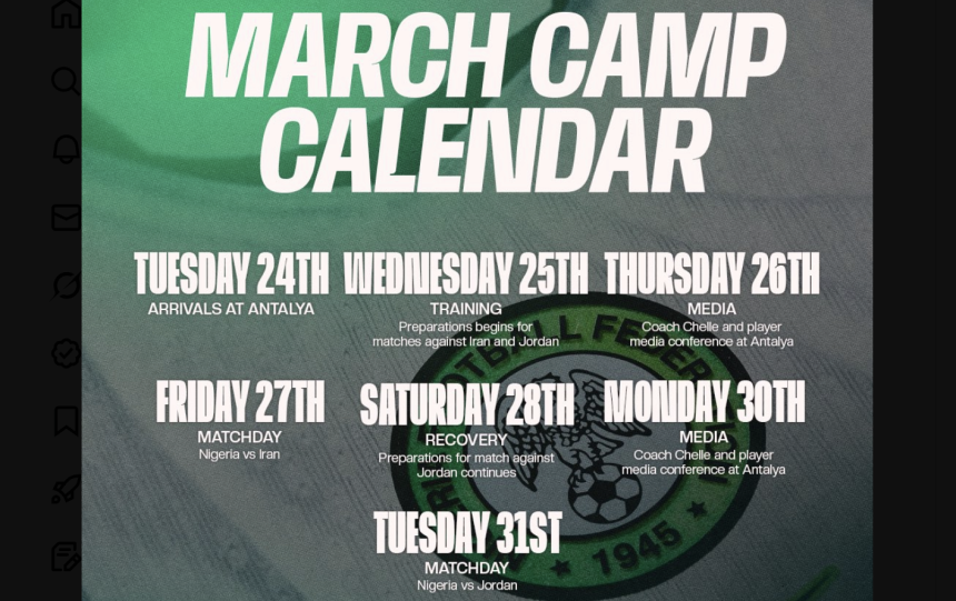 Super Eagles Camp Schedule for March 2026 International Break - Photo Credit : Softfootball, Media