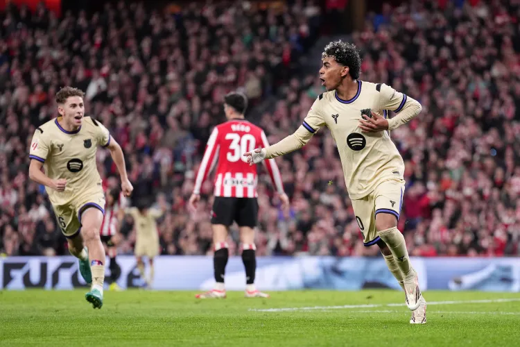 Lamine yamal celebrating after scoring. (photo credit: barcelona media)