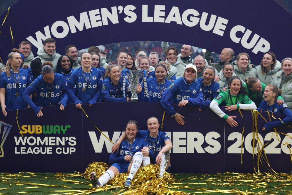 Chelsea lift the 2026 Women’s League Cup. (Photo credit: Chelsea media)