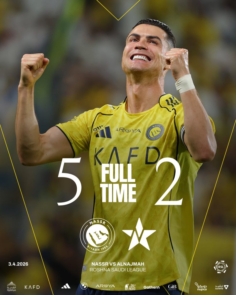 Al Nassr defeat Al Najma 5–2 to maintain their lead at the top of the Saudi Pro League table - Photo Credit : Al Nassr,  X