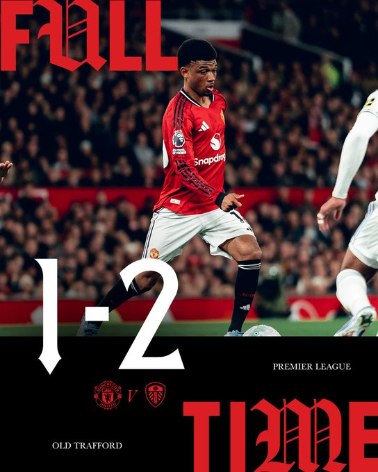 Manchester united 1-2 leeds united. (photo credit: manchester united via x)