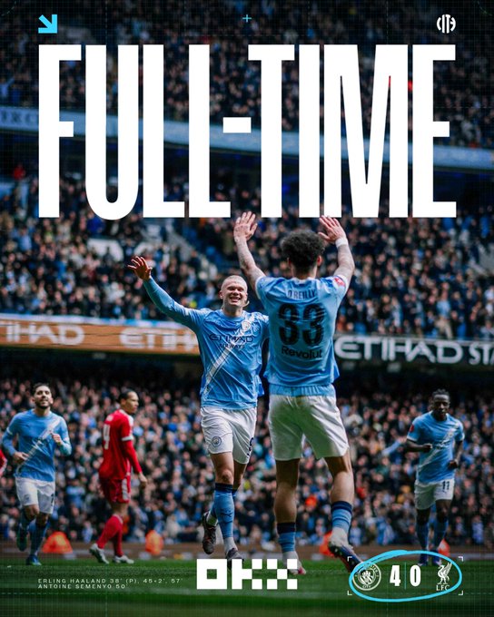 Man city 4-0 liverpool. (photo credit: manchester city via x)