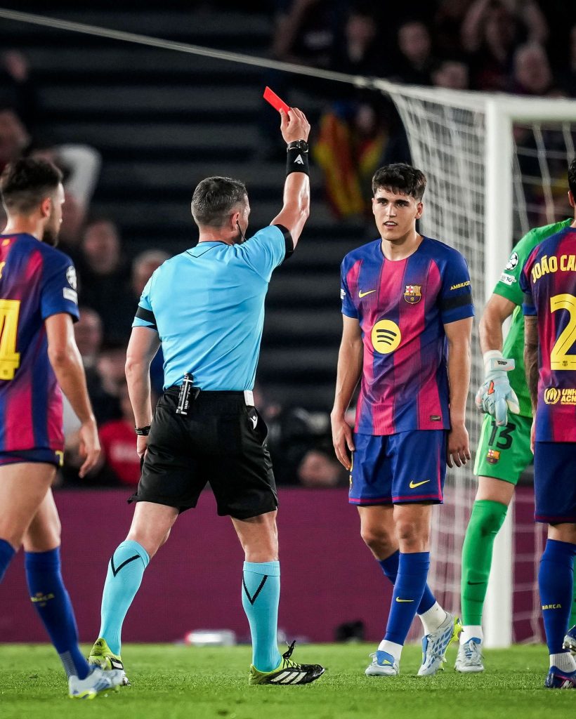 Pau Cubarsí issued red card during UCL clash against Atletico madrid- Photo credit: Fabrizio Romano via X