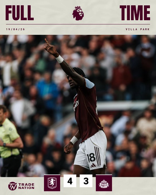 Aston villa 4-3 sunderland. (photo credit: aston villa via x)
