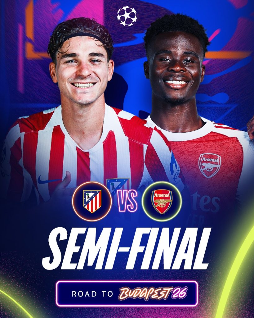 Promotional graphics for 2026 UEFA Champions League Semi-final between Atlético Madrid and Arsenal- Photo credit: UEFA media