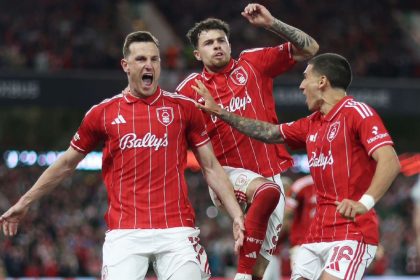 Chris Wood celebrates his goal for Nottingham Forest against Aston Villa. (photo credit: ESPN)