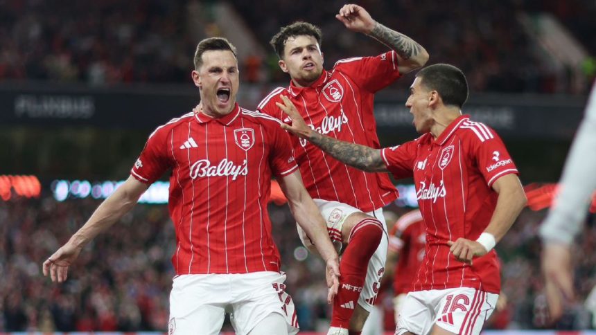 Chris Wood celebrates his goal for Nottingham Forest against Aston Villa. (photo credit: ESPN)