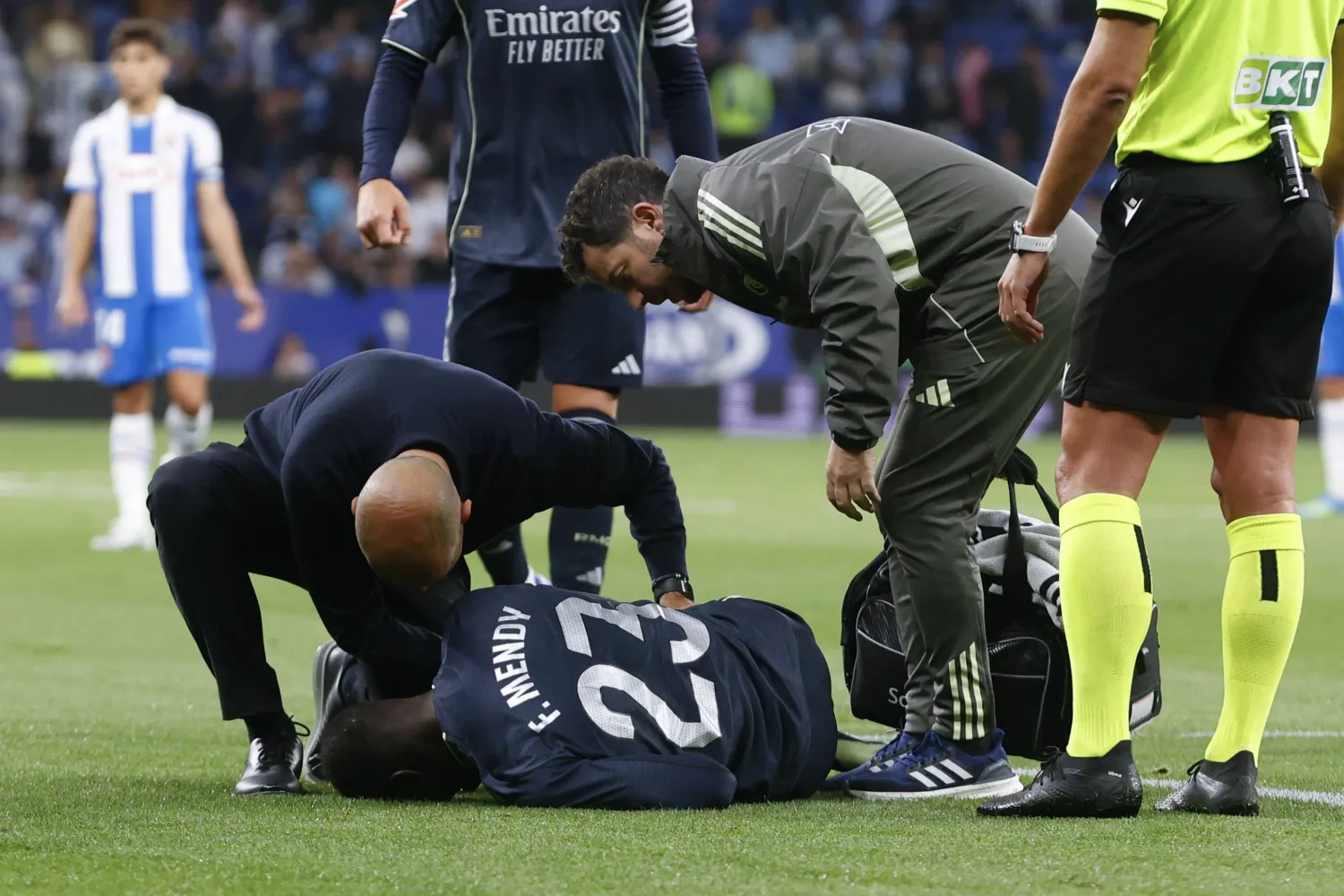 Real Madrid's Ferland Mendy receives medical attention (Photo credit: