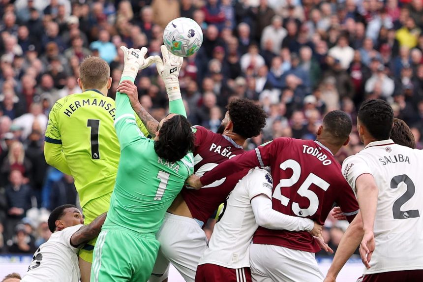 Foul on David Raya against West Ham (Photo credit: Ben Jacobs)