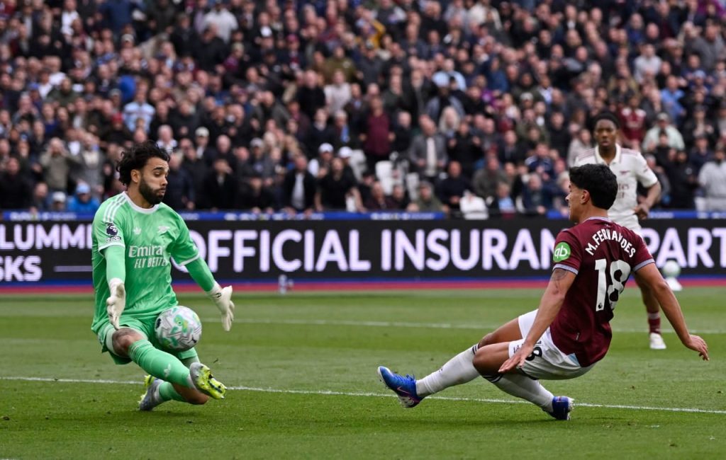 David Raya's save to deny Mateus Fernandes appears a title-defining moment. (Photo credit: Ben Jacobs)