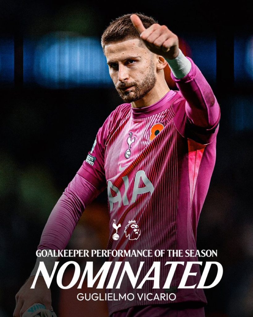 Guglielmo Vicario has been nominated for Premier League Goalkeeper Performance of the Season (Photo credit: Tottenham Hotspur media)