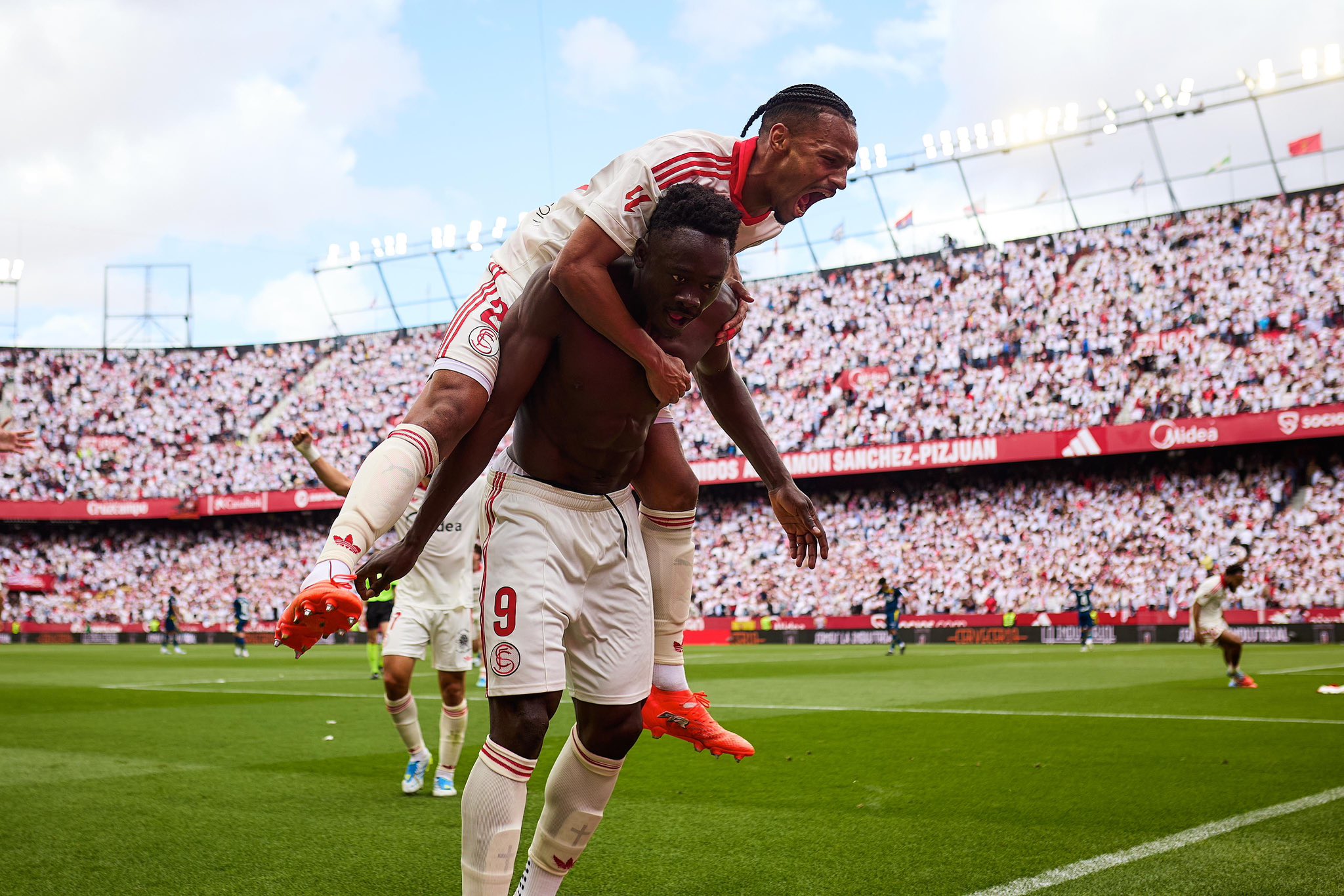 Akor Adams celebrating after Scoring Late Winner As Sevilla Complete Stunning Comeback Against Espanyol - Photo Credit : Sevilla, X