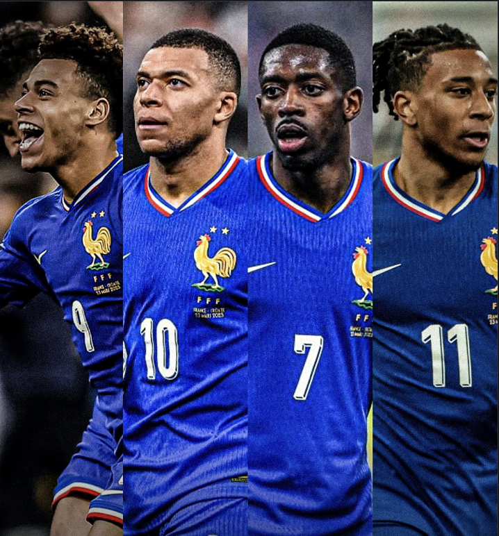 Désiré Doué, Kylian Mbappé, Ousmane Dembélé, and Michael Olise representing france - Photo Credit : The Touchline, X