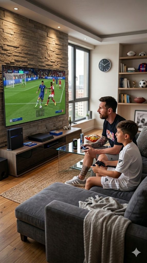 Lionel Messi playing video games with his kids - Photo Credit : Bigjoe, Facebook