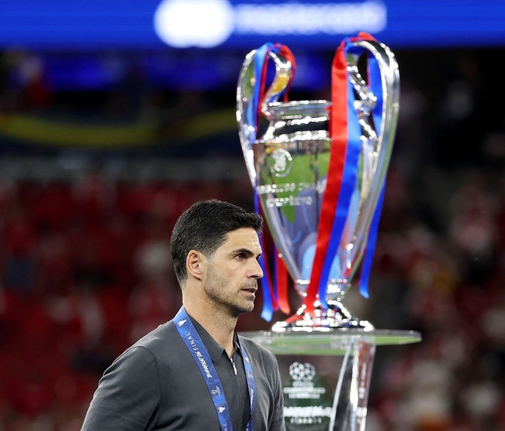 Mikel Arteta, sighting the UEFA Champions league trophy - Photo Credit : Fabrizio Romano, X