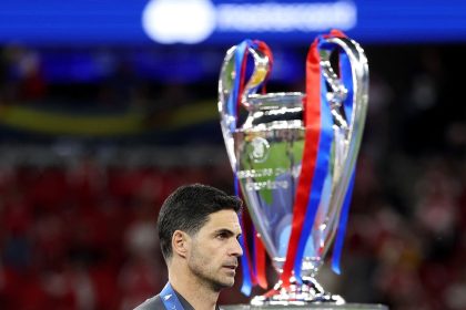 Mikel Arteta, sighting the UEFA Champions league trophy - Photo Credit : Fabrizio Romano, X
