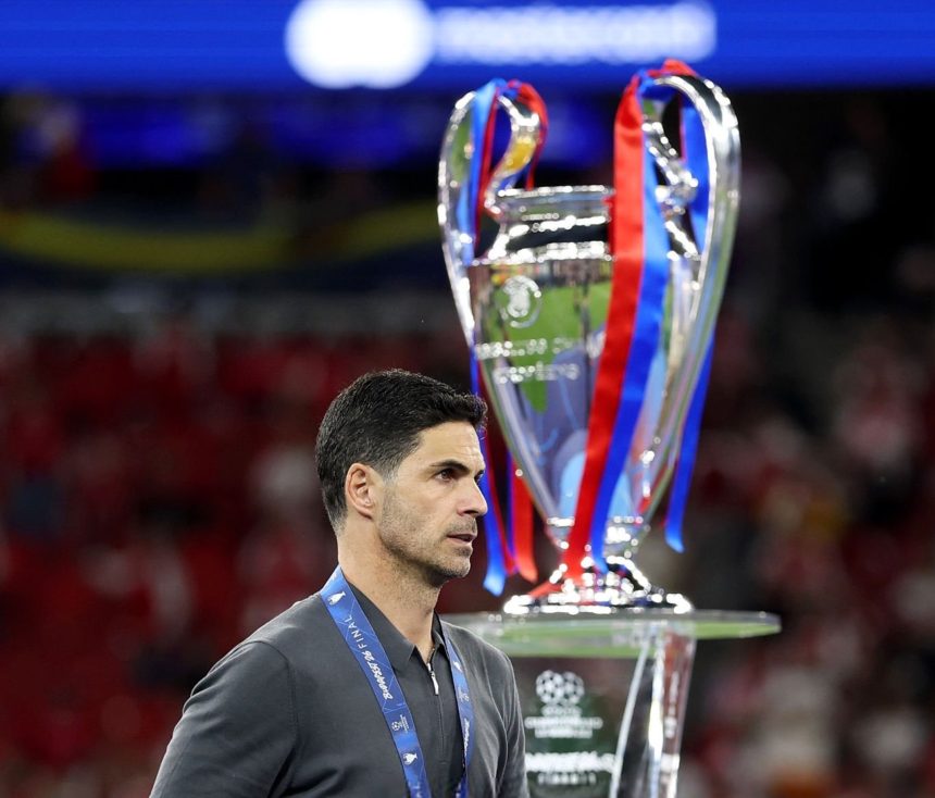 Mikel Arteta, sighting the UEFA Champions league trophy - Photo Credit : Fabrizio Romano, X