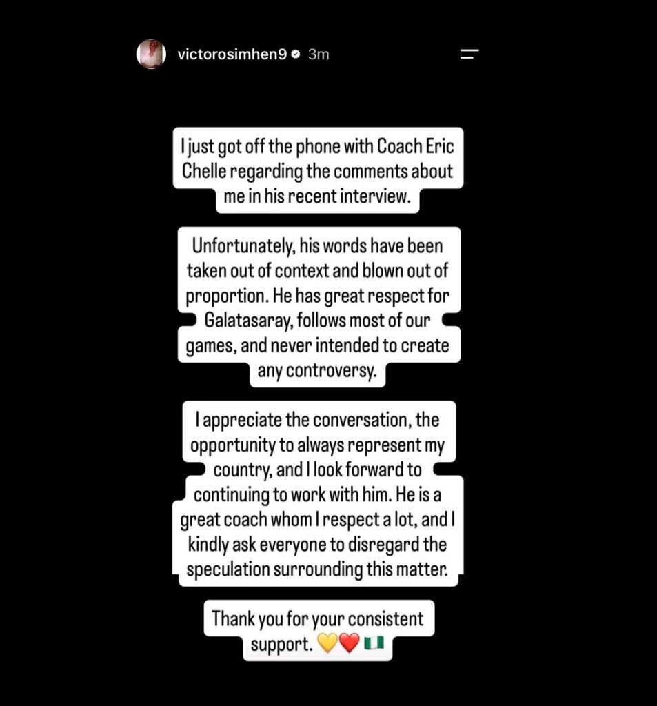 Osimhen Clarifies Chelle’s Comments After Confusion Over His Absence From Nigeria’s Friendlies on Instagram - Photo Credit : Victor Osimhen, X