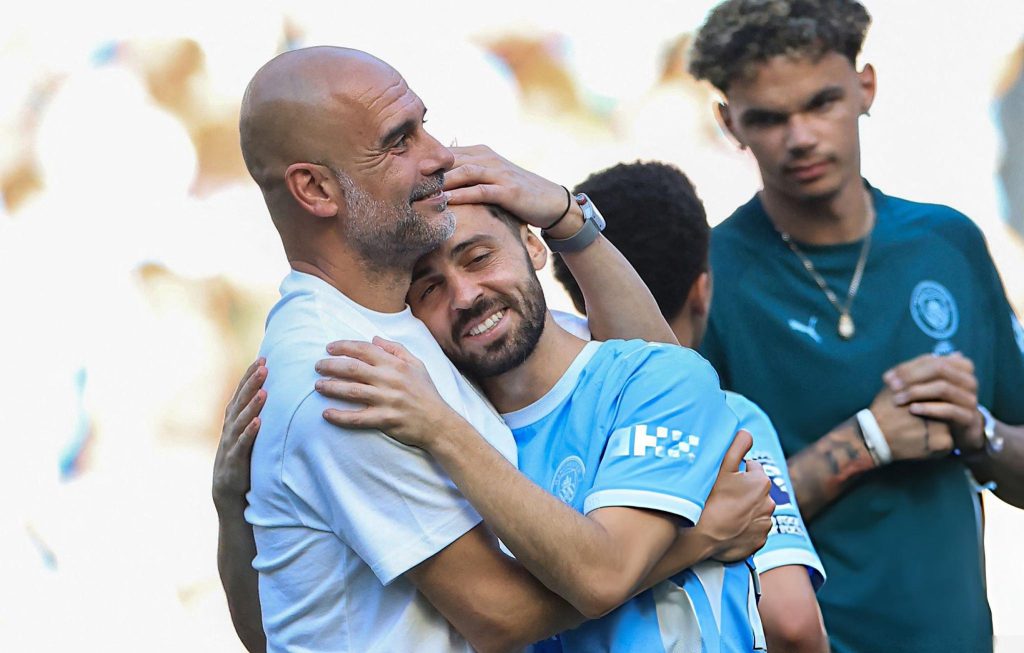 Pep and Bernardo during their farewell to manchestercity after their last match for city - Photo Credit : Manchester City, X
