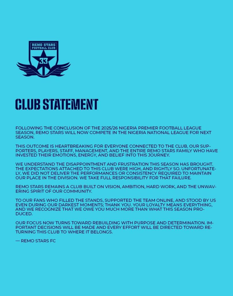 Remo Stars Club Statement on their relegation - Photo Credit : Remo Stars, Facebook