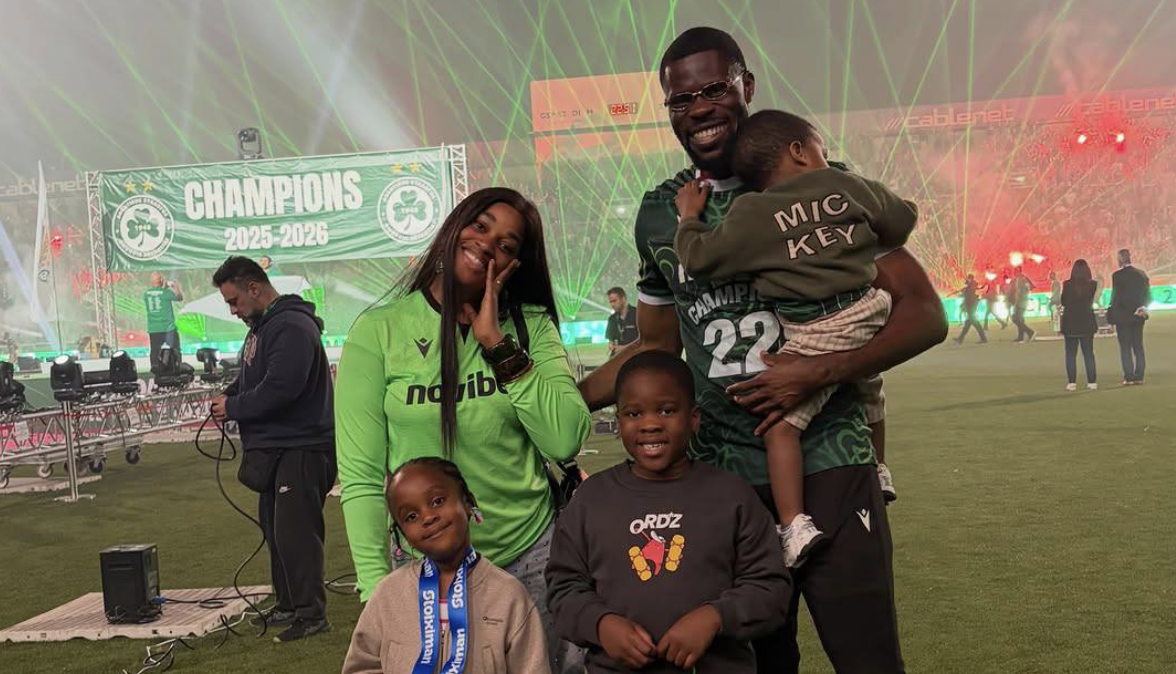 Francis Uzoho Celebrates with family after winning the Cypriot League - Photo Credit : Julie Sports, Facebook