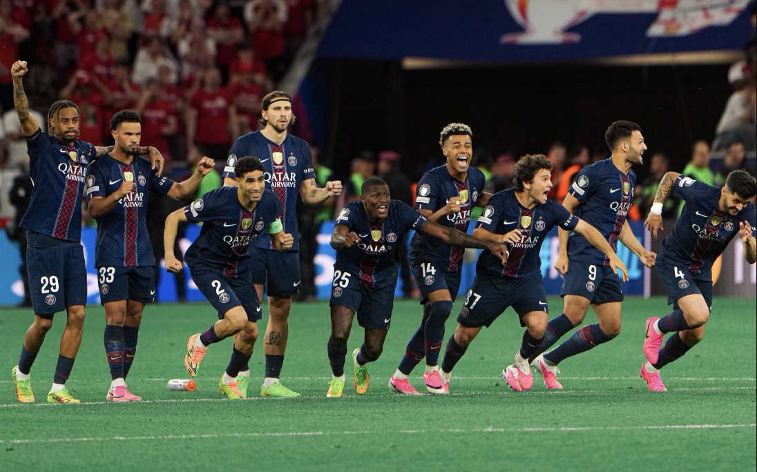 pSG players, rejoicing as PSG Win the Champions League After Dramatic 4–3 Penalty Shootout Against Arsenal - Photo Credit : Arsernal, Paris saint Germain, X