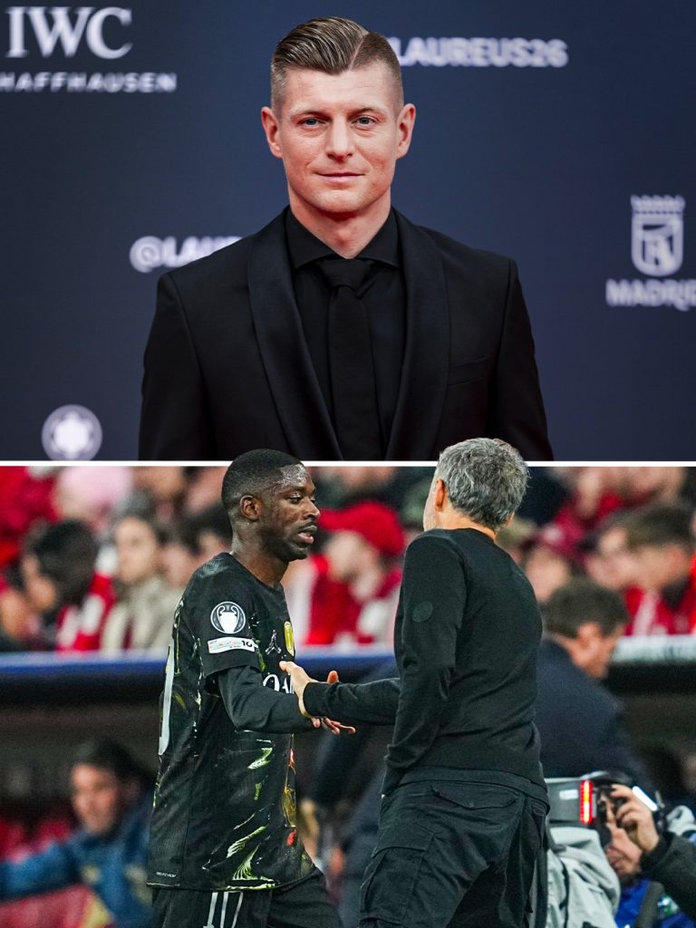 Toni Kroos and Dembélé shaking hands with Enrique when subed off against bayern - Photo Credit : Fabrizo Romano, X