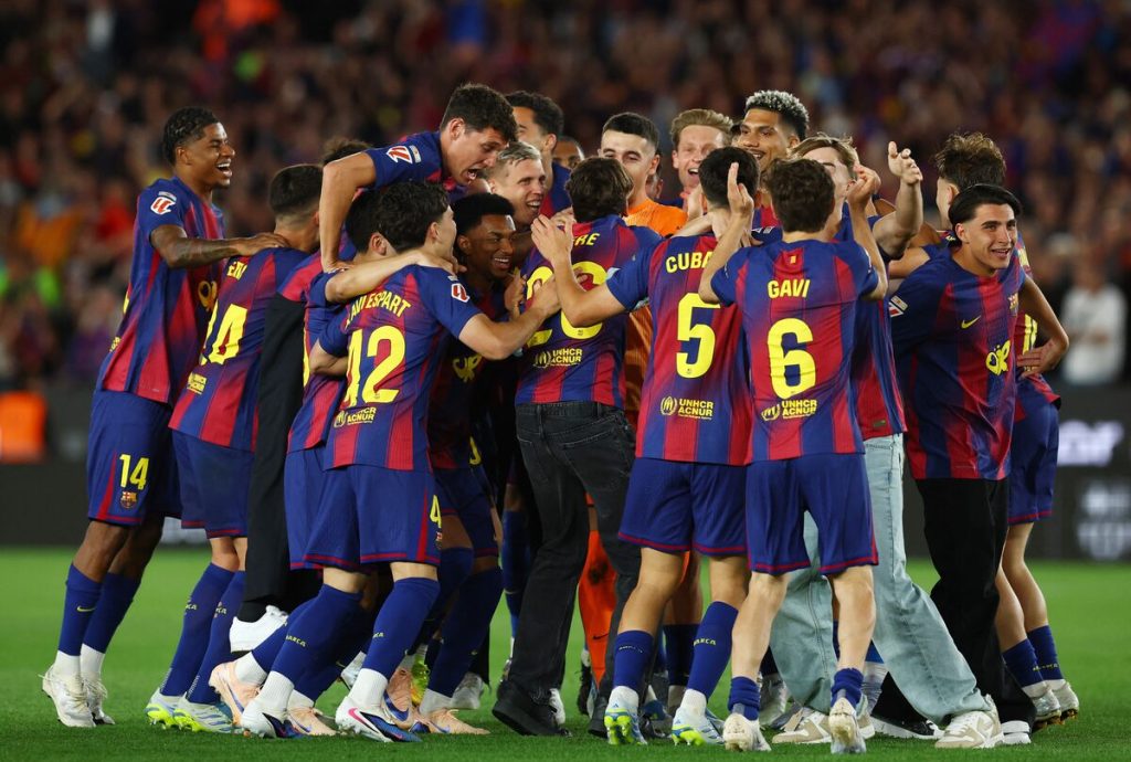 Barcelona players celebrate (photo credit: Reuters)