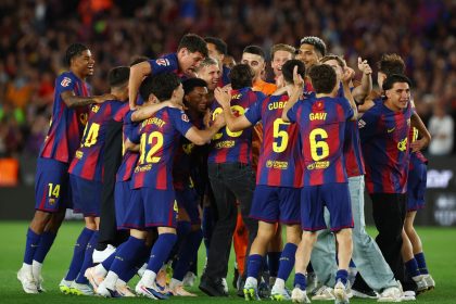 Barcelona players celebrate (photo credit: Reuters)