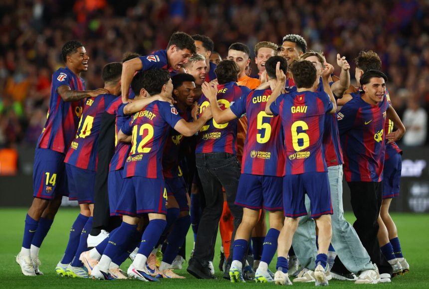 Barcelona players celebrate (photo credit: Reuters)