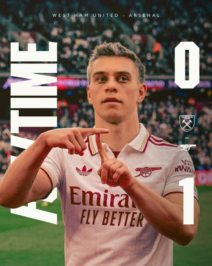 West Ham 0 Arsenal 1. Leandro Trossard wins it for Arsenal with eight minutes (Photo credit: Arsenal media)