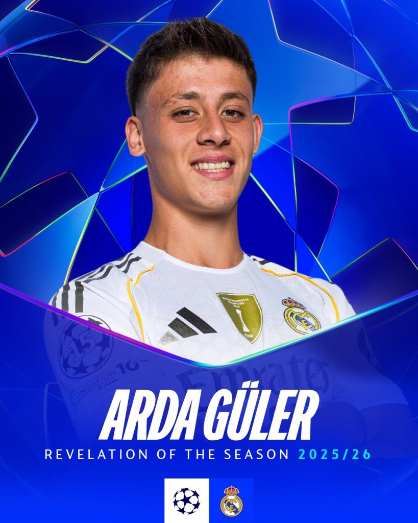 🏆 2025/26 UEFA Champions League Revelation of the Season: Arda Güler 🇹🇷✨ (Photo credit: UEFA Champions League media)