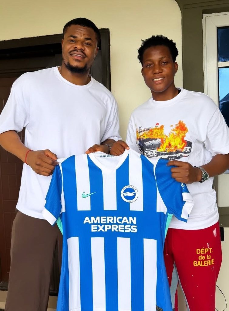 Chiamaka Nnadozie and Stanley Nwabali Link Up as Super Falcons Star Gifts Her Brighton Jersey - Photo Credit : Softfootball Media
