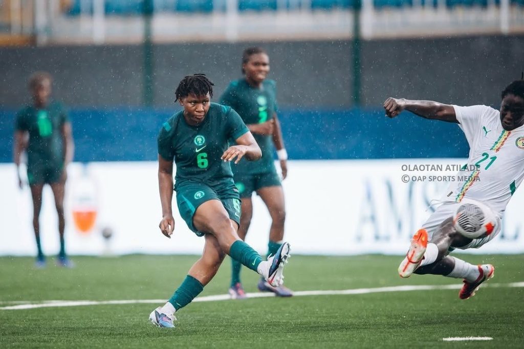Joy Omewa grabs her brace! The Super Falcons double their lead as Omewa scores her second goal of the match, putting Nigeria firmly in control against Senegal - Photo Credit : Softfootball Media