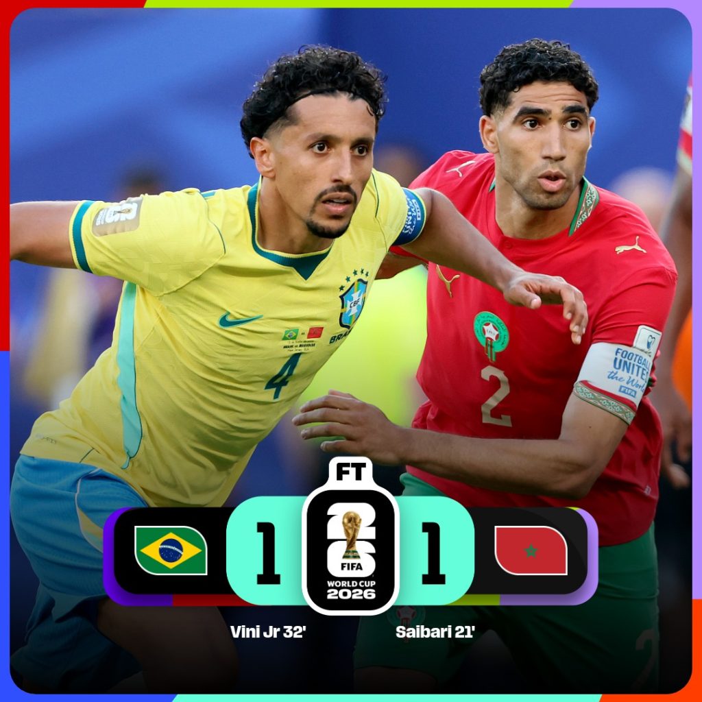 Morocco Hold Brazil to 1–1 Draw in Group C Opener as Saibari and Vinícius Júnior Trade First‑Half Goals - Photo Credit : FIFA World Cup, X