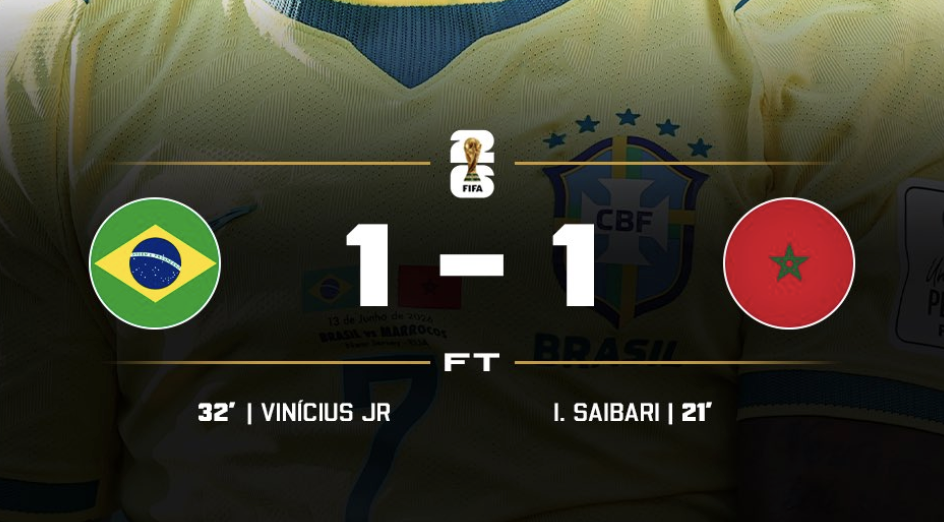 Morocco Hold Brazil to 1–1 Draw in Group C Opener as Saibari and Vinícius Júnior Trade First‑Half Goals - Photo Credit : Softfootball Media