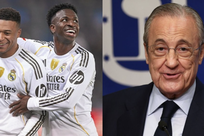 Florentino Pérez with mbappe and vini jr - Photo Credit : Real Madrid, X
