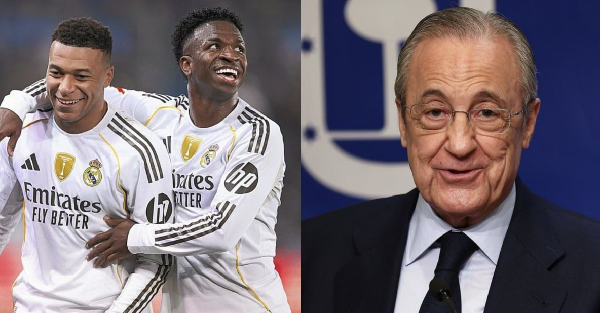 Florentino Pérez with mbappe and vini jr - Photo Credit : Real Madrid, X