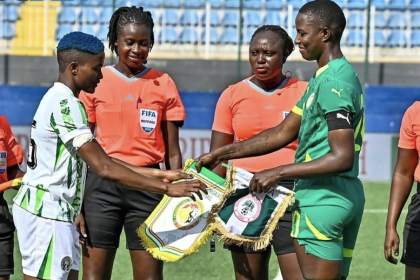 Super Falcons & Senegal women captains shaking hands ahead of their Friendly in Ikenne - Photo Credit : Softfootball Media