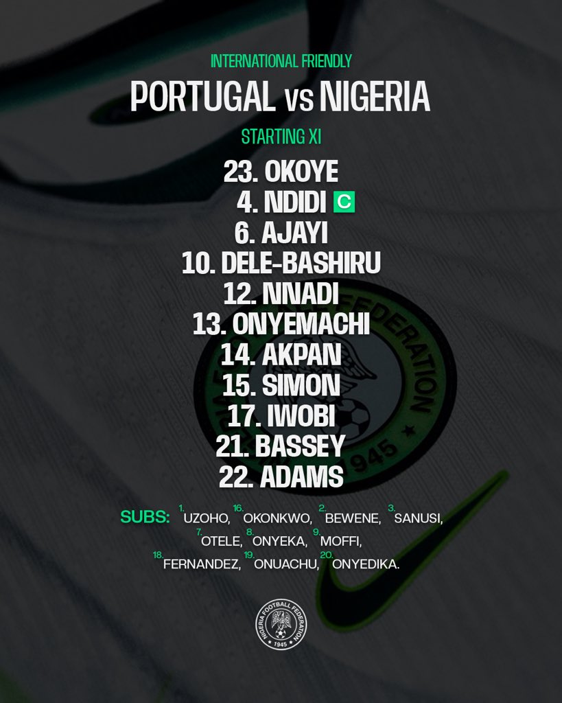 Super Eagles Name Starting XI for Portugal Clash - Photo Credit : Super Eagles, X
