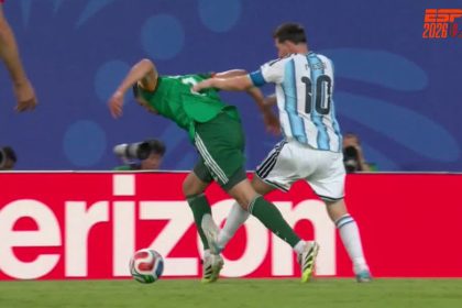 Messi challenge on Algeria defender Aissa Mandi (Photo credit: ESPN)