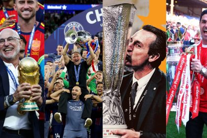 Spanish managers ruled 2026, with Luis de la Fuente winning the World Cup, Luis Enrique lifting the Champions League, Unai Emery claiming the Europa League, and Mikel Arteta securing the Premier League - Photo Credit : Softfootball Media