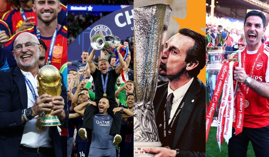 Spanish managers ruled 2026, with Luis de la Fuente winning the World Cup, Luis Enrique lifting the Champions League, Unai Emery claiming the Europa League, and Mikel Arteta securing the Premier League - Photo Credit : Softfootball Media