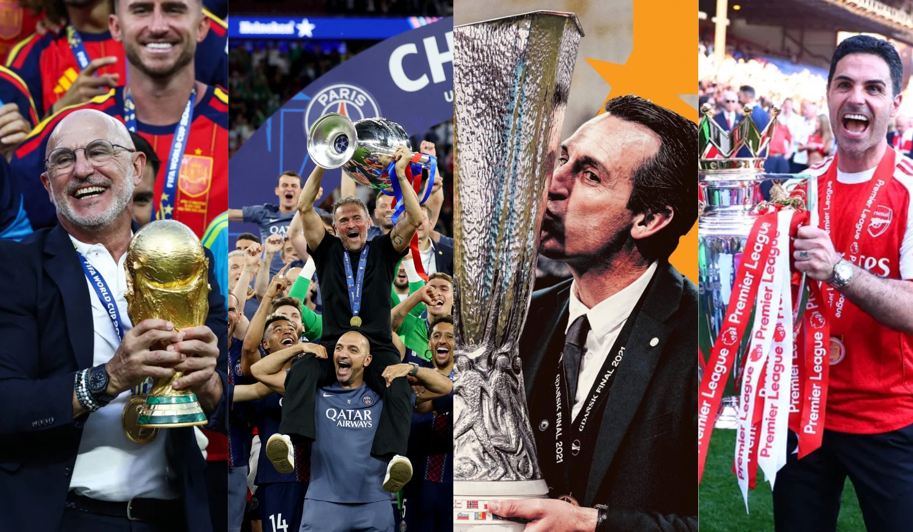 Spanish managers ruled 2026, with Luis de la Fuente winning the World Cup, Luis Enrique lifting the Champions League, Unai Emery claiming the Europa League, and Mikel Arteta securing the Premier League - Photo Credit : Softfootball Media