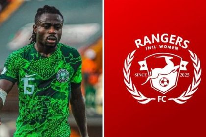 Nigerian Super Eagles Winger Moses Simon and Enugu Rangers Logo - Photo Credit : Softfootball Media