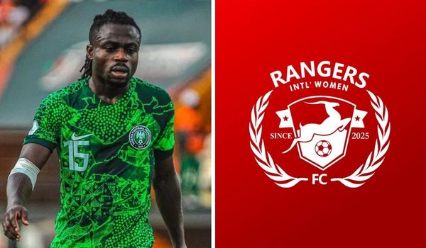 Nigerian Super Eagles Winger Moses Simon and Enugu Rangers Logo - Photo Credit : Softfootball Media