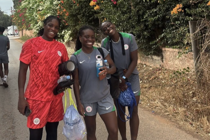 Super Falcons striker Asisat Oshoala, Toni Payne and Comfort Erhabor were all smiles as they stepped out for training in Casablanca, Morocco, ahead of the team's upcoming assignments - Photo Credit : Super Falcons, X