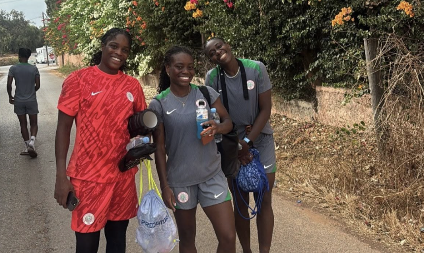 Super Falcons striker Asisat Oshoala, Toni Payne and Comfort Erhabor were all smiles as they stepped out for training in Casablanca, Morocco, ahead of the team's upcoming assignments - Photo Credit : Super Falcons, X