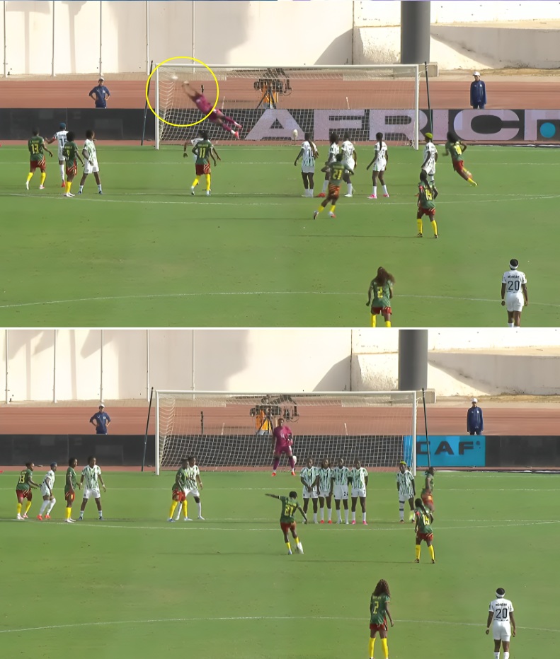 19 year old Myriam Nyadjou with a THUNDEROUS STRIKE which got the opening goal for Cameroon against Nigeria - Photo Credit : CAF Women, Youtube